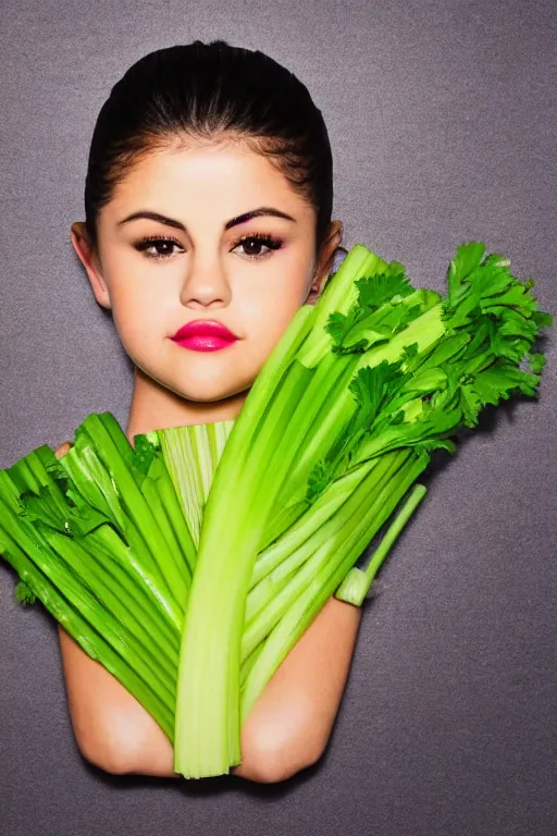 Image similar to selena gomez made out of celery, a human face with celery for hair, celery in the shape of a human face, a bunch of celery sitting on a cutting board, professional food photography