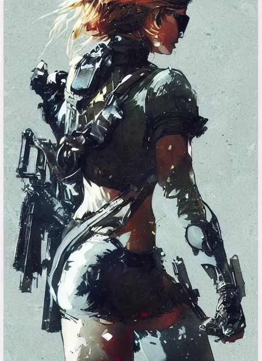 Prompt: Margot Robbie wearing metal gear armor holding gun dramatic lighting art by Richard Schmid by Hokusai by Yoji Shinkawa by greg rutkowski by Sandra Chevrier cinematic dramatic