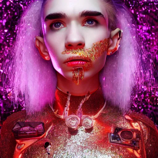 Image similar to a detailed cinematic symmetric wide shot render of Grimes as a cyborg covered with glitter in hell