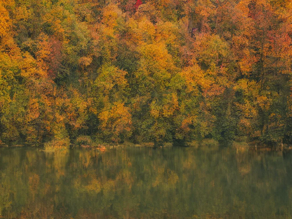 Image similar to a lake in the woods during autumn, photograph, color film