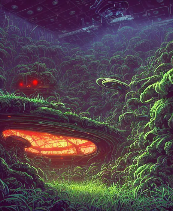 Prompt: a bunker made out of exotic fungus, overgrown with weird fungus and tendrils, spaceship, sci - fi, robots, noon, somber, partly cloudy, by dan mumford, yusuke murata, makoto shinkai, ross tran, cinematic, unreal engine, cel shaded, featured on artstation, pixiv