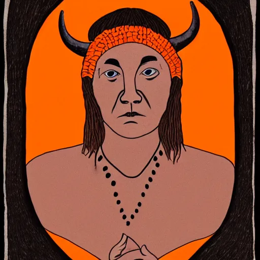 Prompt: illustrated portrait of ugly ram-horned woman with orange skin