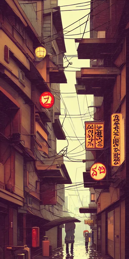 Image similar to tokyo alleyway, rainy day, arcade, by cory loftis, makoto shinkai, hasui kawase, james gilleard, beautiful, serene, peaceful, lonely, golden curve composition
