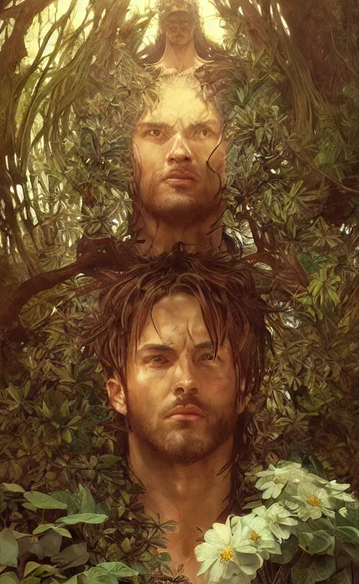 Image similar to god of the forest, 3 0 years old, rugged handsome, male, gorgeous, detailed face, clean lines, cinematic light, amazing, full body, flowers, muscular, intricate, highly detailed, digital painting, artstation, concept art, sharp focus, illustration, art by greg rutkowski and alphonse mucha