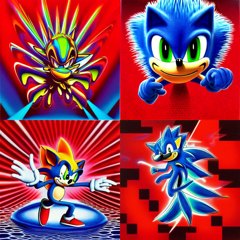 Prompt: surreal, sharp, detailed professional, high quality airbrush art MGMT album cover of a liquid dissolving DMT sonic the hedgehog, red checkerboard background, 1990s 1992 Sega Genesis video game box art