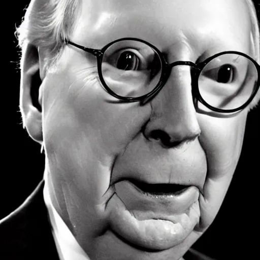 Image similar to the melting slimy face of villain mitch mcconnell. horror film photograph.