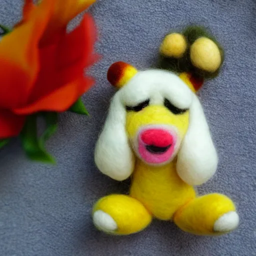 Image similar to a needle felted isabelle from animal crossing, needle felting art.