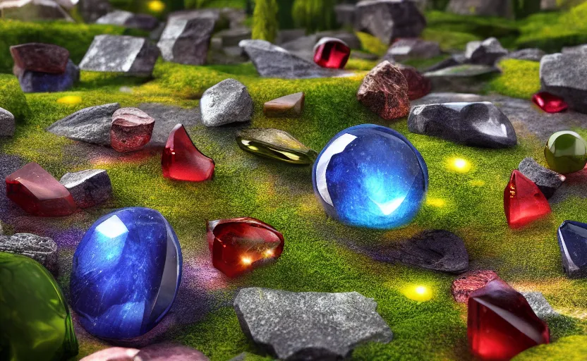 Image similar to as of the gods, which is said to have been filled with brilliance, and there was a garden there made entirely of precious stones, close up bokeh hiperrealistic, high detailled, darkness dramatic, sharp focus, octane render, imax