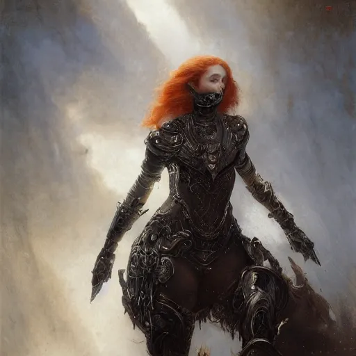 Prompt: beautifull young redheaded woman, wearing black and silver ornamental armour, detailed, by gaston bussiere, bayard wu, greg rutkowski, giger, maxim verehin, greg rutkowski, masterpiece, sharp focus, illustration, highly detailed, digital painting, concept art, matte