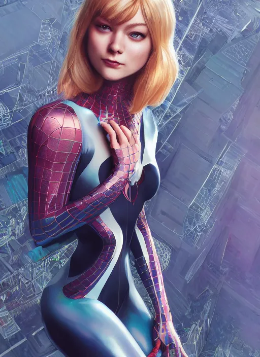 Image similar to gwen stacy spiderman, naturel, hyper detailed, digital art, trending in artstation, cinematic lighting, studio quality, smooth render, unreal engine 5 rendered, octane rendered, art style by klimt and nixeu and ian sprigger and wlop and krenz cushart