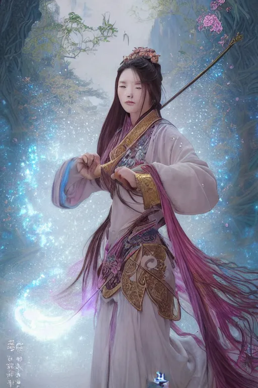 Prompt: beautiful ancient fantasy portrait of wuxia heroine like tzuyz twice, in forbidden City, flowers rainning everywhere, beautiful glowing galaxy eyes, hybrid from Dynasty Warriror, artstation, concept art, smooth, sharp focus, illustration, art by tian zi and WLOP and alphonse mucha, fantasy, intricate, very very beautiful, elegant, highly detailed, digital painting