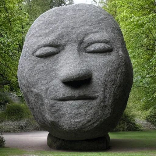 Image similar to by cerith wyn evans placid. a computer art of a large granite boulder carved to resemble a human face. the nose is slightly upturned, & the eyes & mouth are closed.