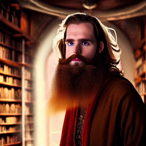Prompt: a cinematic scene of a handsome white male sorcerer, alchemist library background, the room filled with colorful magic, brown hair, beard, cinematic lighting, very detailed, hd