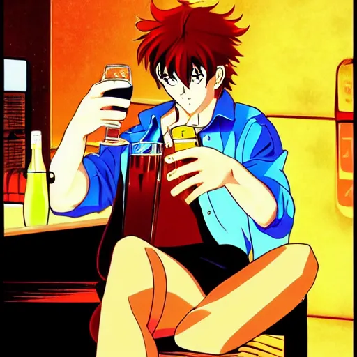 Prompt: guy drinking a glass of whiskey in a smoky bar, sprite from yu - no, commodore 6 4, directed by beat takeshi, visual novel cg, 8 0 s anime vibe, kimagure orange road, maison ikkoku, trending on artstation, ultra hd wallpaper