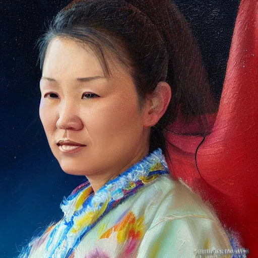 Image similar to portrait of an kyrgyzstani woman ( 3 5 ) from kyrgyzstan in 2 0 2 1, an oil painting by ross tran and thomas kincade