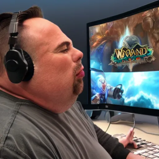 Image similar to obese John Travolta wearing a headset yelling at his monitor while playing WoW highly detailed wide angle lens 10:9 aspect ration award winning photography