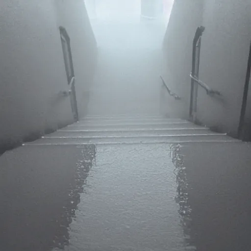 Prompt: Beautiful Fuzzy cameraphone 2000s, Photograph of foggy school stairs with water on the floor
