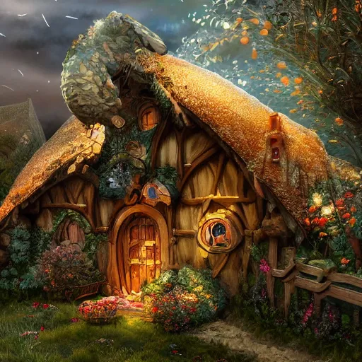 Image similar to a medieval hobbit house made of colorful crystal, ornate, beautiful, atmosphere, vibe, flowers, concept art illustration, color page, 4 k, tone mapping, doll, akihiko yoshida, james jean, andrei riabovitchev, marc simonetti, yoshitaka amano, digital illustration, greg rutowski, volumetric lighting, sunbeams, particles