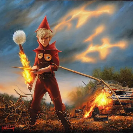 Prompt: an elf with spiky blonde hair wearing dark brown overalls and holding dynamite standing next to a destroyed car, painting by Mark Brooks