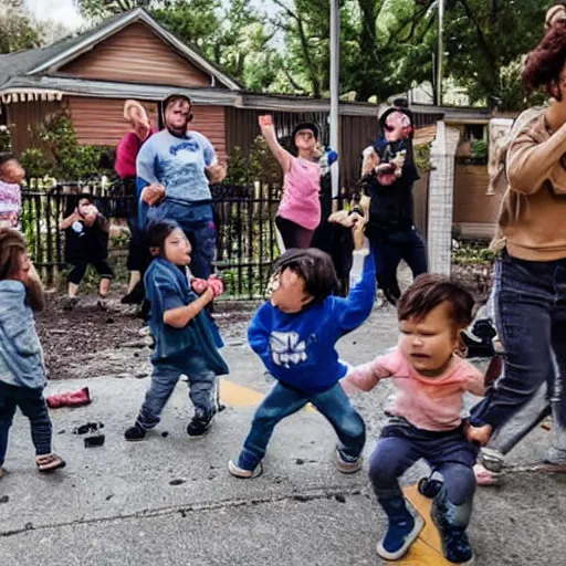 Prompt: wide - angle photograph of a group of toddlers rioting after listening to jordan peterson debate nap time, inside daycare center, jordan peterson as a toddler