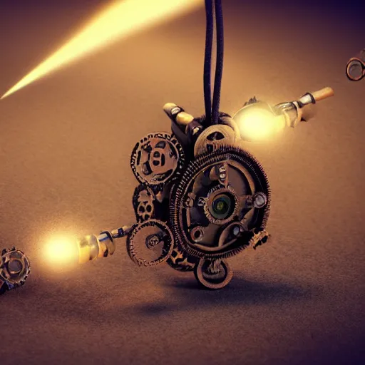 Image similar to steampunk amulet with diamond jewel and small steam tubes, volumetric lightning, octane render, realistic fog, extremely high detailed