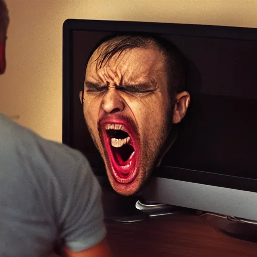 Image similar to an angry man yells at his computer monitor, in the style of the scream