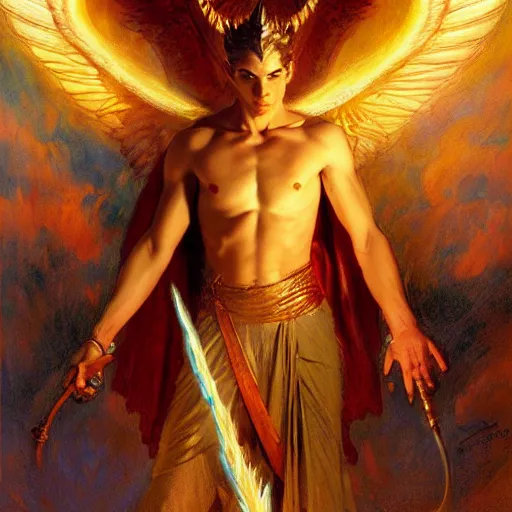 Image similar to attractive male lucifer morning star casting a spell summoning male demons, they rise from down bellow. highly detailed painting by gaston bussiere, craig mullins, j. c. leyendecker, 8 k