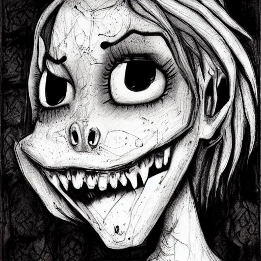 Prompt: grunge drawing of a cartoon creature with big bloody eyes and a wide smile by mrrevenge, corpse bride style, horror themed, detailed, elegant, intricate