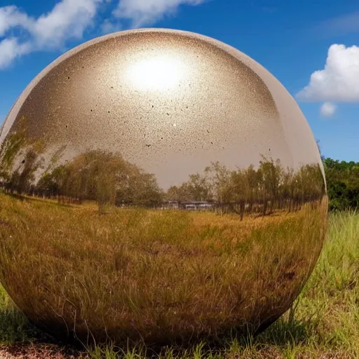 Image similar to a large metallic ball with a mirror finish sits in the florida everglades covered in mud, photorealistic