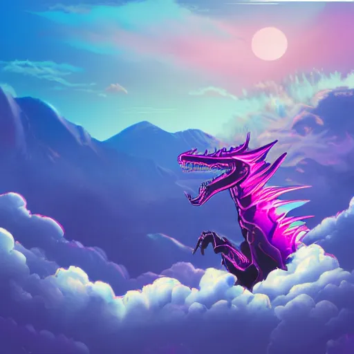Prompt: aesthetic synthwave dragon on a mountain between the clouds