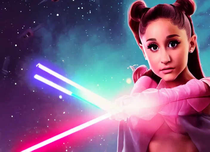 Image similar to An extremely detailed photo of Ariana Grande in the Star Wars universe witha pink lightsaber held in one hand Maximum detail on artstation, photo realism, vivd details, vivd colour, volumetric lighting. anime art style