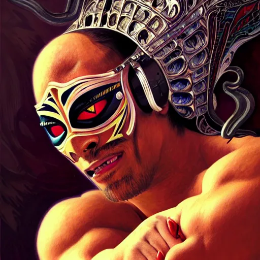 Image similar to portrait of lucha libre dj, muscular, fantasy, intricate, elegant, highly detailed, digital painting, artstation, concept art, smooth, sharp focus, illustration, art by artgerm and greg rutkowski and alphonse mucha