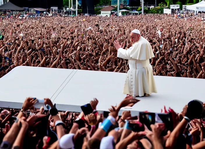 Prompt: photo still of pope francis on stage at the vans warped tour!!!!!!!! at age 3 6 years old 3 6 years of age!!!!!!!! stage diving into the crowd, 8 k, 8 5 mm f 1. 8, studio lighting, rim light, right side key light