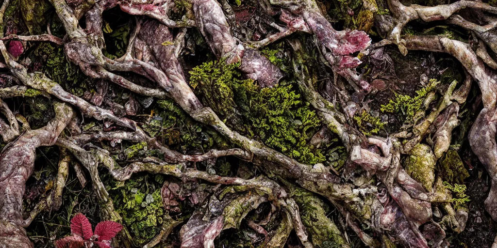 Prompt: details of flesh and skin, meat and muscles, lichens, skin texture details, painitng, bark, leaves, branches and twigs, forest detail, oil on canvas, 4k, photorealistic, dslr photo, unreal engine, cinematic lighting, soft lighting, sharp focus, hyperrealistic painting