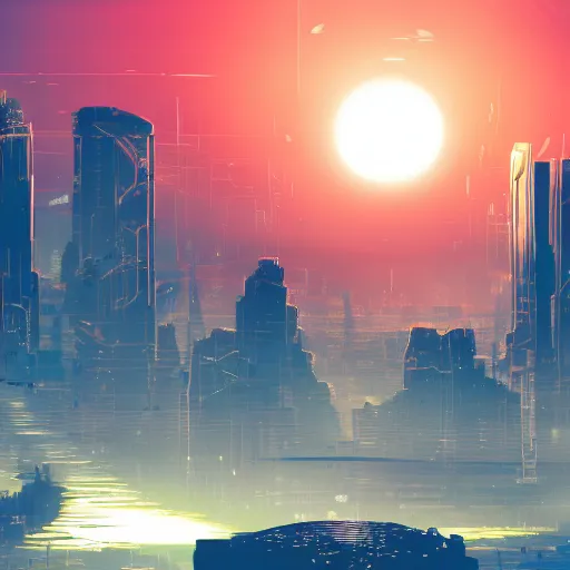 Image similar to cyberpunk world based on an island with sunset behind it