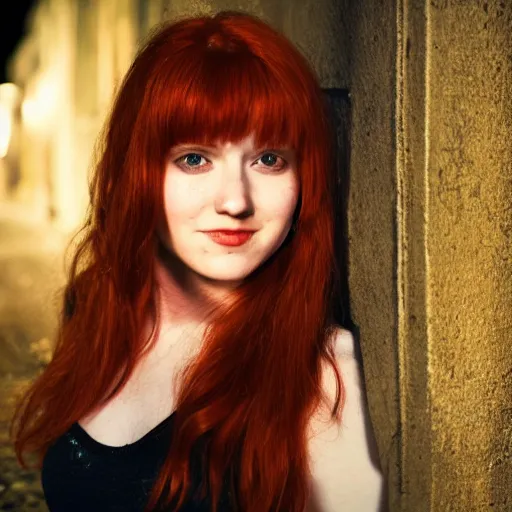 Prompt: beautiful redhead woman with glowing eyes standing in a very very dark alley, staring at the camera and smiling, motionless. Award winning, high resolution, realistic