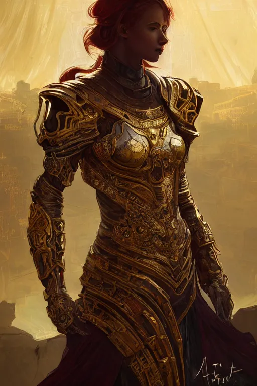 Prompt: portrait knights of Zodiac girl, metallic black and reddish reflected armor, in ruined Agora of Athens, ssci-fi, fantasy, intricate, very very beautiful, elegant, golden light, highly detailed, digital painting, artstation, concept art, smooth, sharp focus, illustration, art by WLOP and tian zi and alphonse mucha