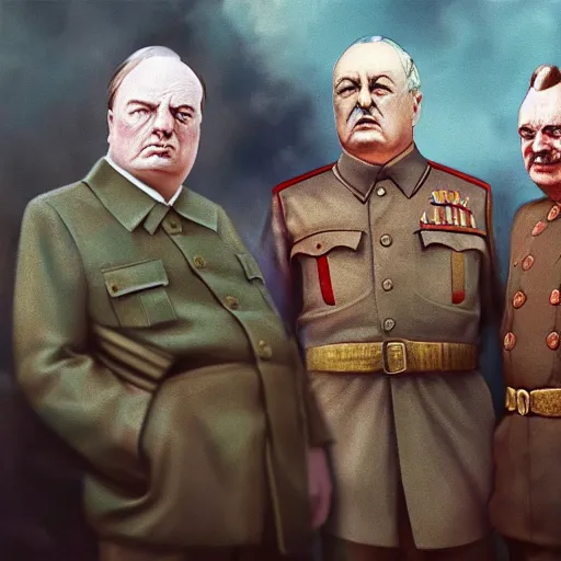 Prompt: Stalin, Churchill and Franklin Roosevelt having a wild birthday party, colorized, fantasy painting,hyperrealistic, highly detailed, depth of field, High definition, 8k, octane render, artstation