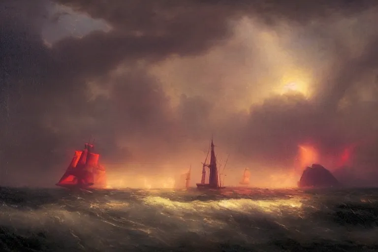 Image similar to A beautiful matte painting of huge alien spaceship attacking with powerful red lasers a Sailship in ocean in thunderstorm by Greg Rutkowski and Ivan aivazovsky