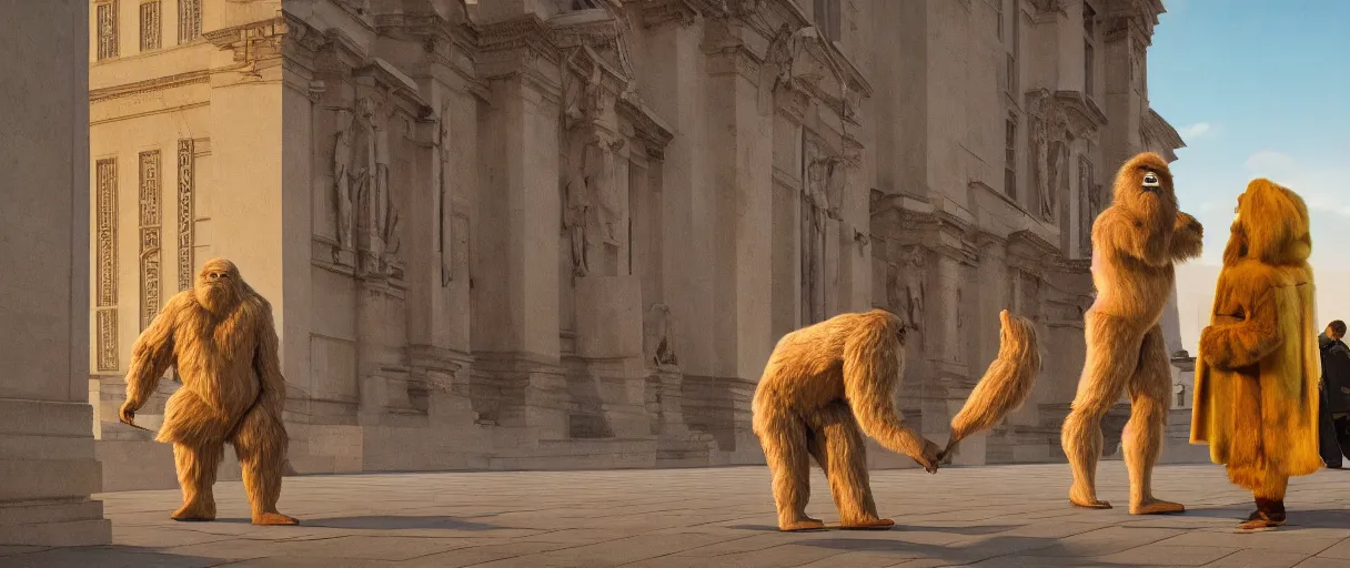 Image similar to accidentally wes anderson award - winning photograph of yeti and bigfoot visiting louvre, accidental renaissance, golden ratio, fibonacci composition, 4 k, detailed, art by greg rutkowsky, trending on artstation, cinematic lighting, filmic grain, golden hour, detailed, 4 k