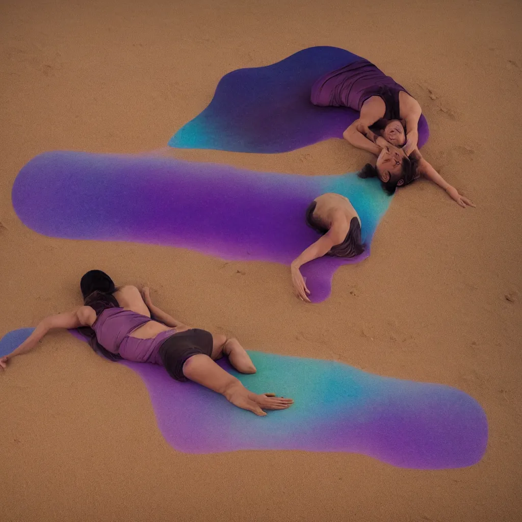 Image similar to cinestill medium view of iridiscent oil spill in desert dunes of sand tempest with women corpses connected by cables and computers to wax forms to a buried baby relaxing on yoga mat, faded, purple gradient, dust, purple fog, depth of field, by werner herzog, hans bellmer and nadav kander, 8 k, sad atmosphere, cinematic