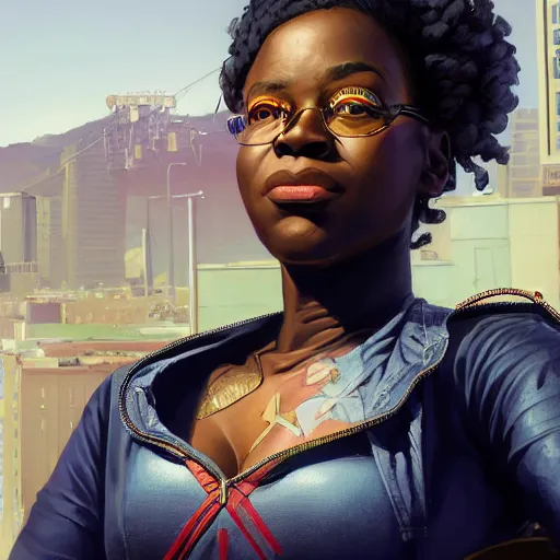 Prompt: highly detailed portrait of an african american woman in superhero costume in gta v, stephen bliss, unreal engine, fantasy art by greg rutkowski, loish, rhads, ferdinand knab, makoto shinkai and lois van baarle, ilya kuvshinov, rossdraws, tom bagshaw, global illumination, radiant light, detailed and intricate environment