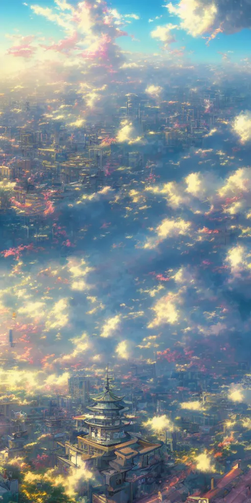 Prompt: aerial anime illustration of beijing, birds, buildings, flowers, cumulus clouds all around, by makoto shinkai thomas kinkade, james gilleard, wide angle, deviantart, cgsociety, 4 k vertical wallpaper