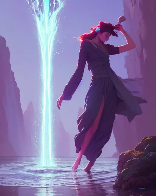 Image similar to highly detailed vfx portrait of a mage casting a water spell, unreal engine, greg rutkowski, loish, rhads, beeple, makoto shinkai and lois van baarle, ilya kuvshinov, rossdraws, tom bagshaw, alphonse mucha, global illumination, detailed and intricate environment