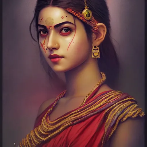 Image similar to beautiful young sita wearing bihu mekhela costume ; portrait by artgerm and tom bagshaw ; trending on artstation ; award winning, cinematic natural dramatic lighting, studio photography by annie leibovitz