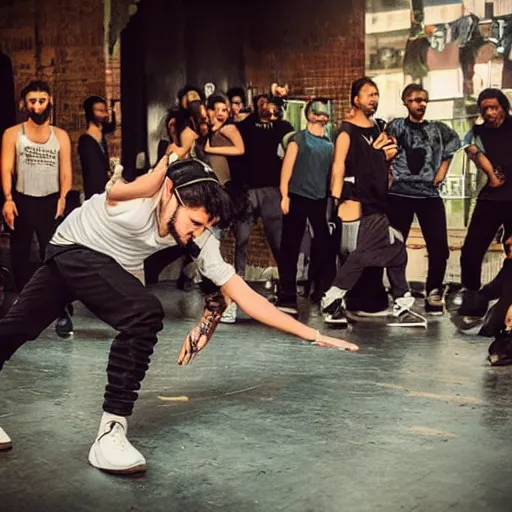 Image similar to old school breakdance party with old vibe and atmospheric environment, cypher with dancers in middle and people around them, photorealistic, fun, old school locking clothes, rock dance clothes