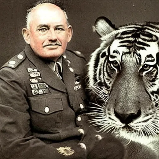 Image similar to an old photo of a general with a tiger's head