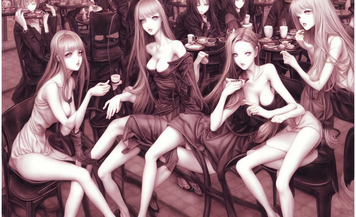 Image similar to beautiful French girls in a café with Satan. insanely and epically detailed supreme-quality color ink pen artwork, amazingly composed image, illustrated by Range Murata and Artgerm and Stanley Law.