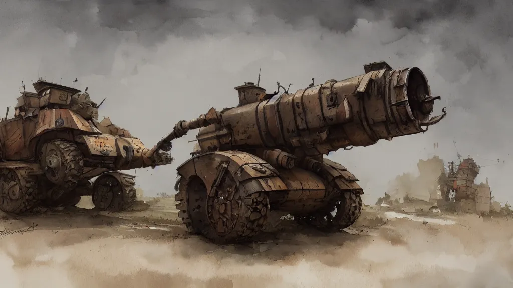 Image similar to big bertha howitzer, watercolored, jakub rozalski, dark colours, dieselpunk, artstation