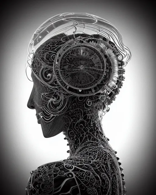 Image similar to mythical dreamy black and white organic bio - mechanical spinal ribbed profile face portrait detail of translucent steampunk beautiful intricate monochrome angelic - human - queen - vegetal - cyborg, highly detailed, intricate translucent jellyfish ornate, poetic, translucent microchip ornate, 3 d render, digital art, octane render, 8 k artistic lithography